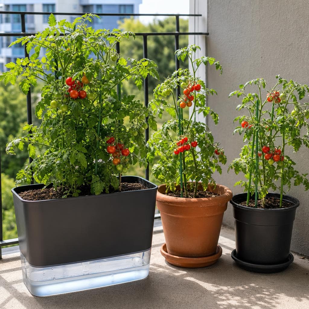 Tomato plants in self-watering planter, terracotta pot, and plastic pot side by side on balcony