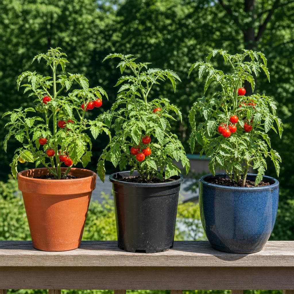 Three tomato plants in terracotta, plastic, and ceramic pots side by side on balcony